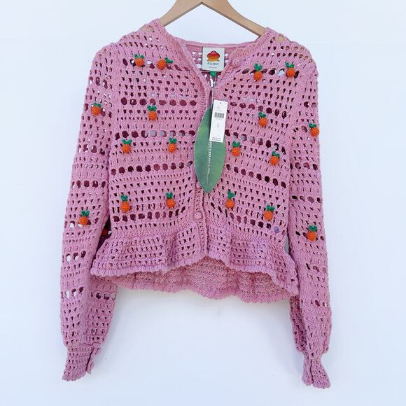 New Farm Rio Orange Tassel Crochet Cardigan Sweater Pink Boho Blouse Knit Small - Picture 4 of 12